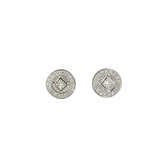 Earrings w/ Princess-cut Diamonds & Side Diamonds 18K White Gold