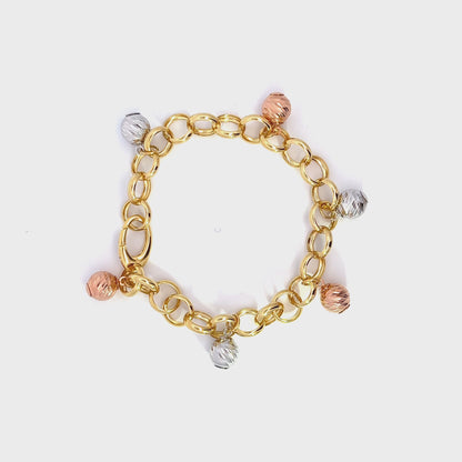 Bracelet Rolo w/ 6 Balls Charms 18K Tricolor